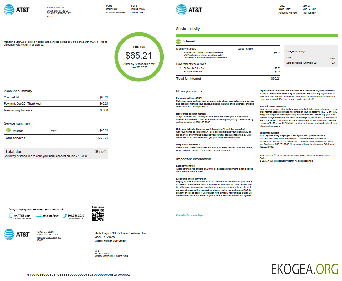 USA AT&T utility bill template in Word and PDF formats, 2 pages, version 2